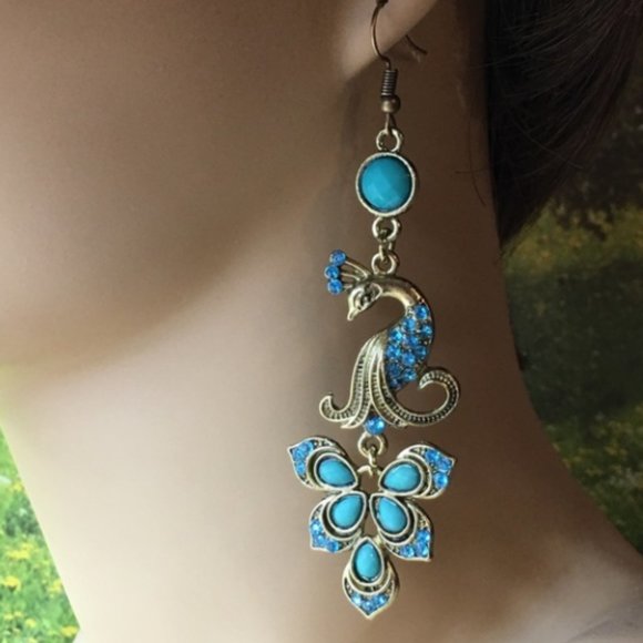 Peacock Earrings Blue And Bronze - Picture 2 of 3